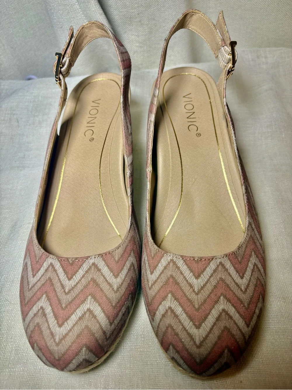 Vionic Coralina Espadrille Wedge Slingback Shoes Dusty Pink Chevron Size 9.5